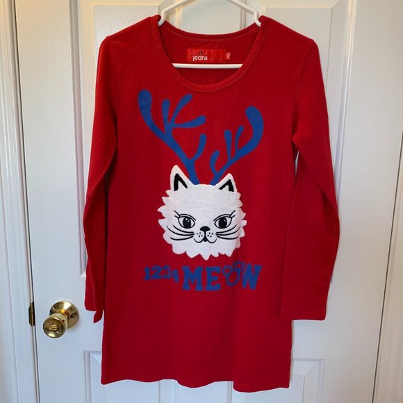 Red Long Sleeve Cotton Cartoon Cat T-shirt - Picture 1 of 6